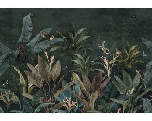 Fotobehang van een botanische jungle-oase met planten en bladeren, in een natuurlijke stijl.