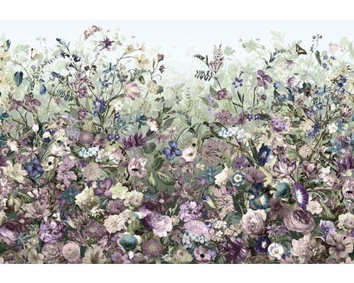 Een botanische tuin met bloemen en planten, weergegeven in een abstract fotobehang voor een natuurlijke uitstraling.