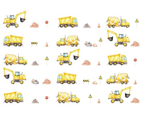 Fotobehang van bouwverkeer op een bouwplaats, met voertuigen voor kinderen, zoals een graafmachine en vrachtauto.