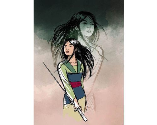 Brave Mulan fotobehang toont Mulan in een stoere gevechtshouding, met een mistige achtergrond van traditionele Chinese tempels.