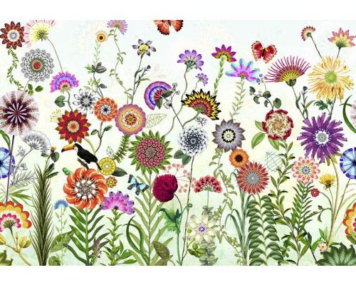 Een levendig abstract ontwerp van Braziliaanse bloemen, perfect voor een kleurrijk en exotisch interieur.