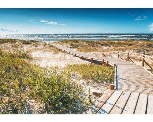 Fotobehang van een brug door de duinen naar het strand, met de zee op de achtergrond.