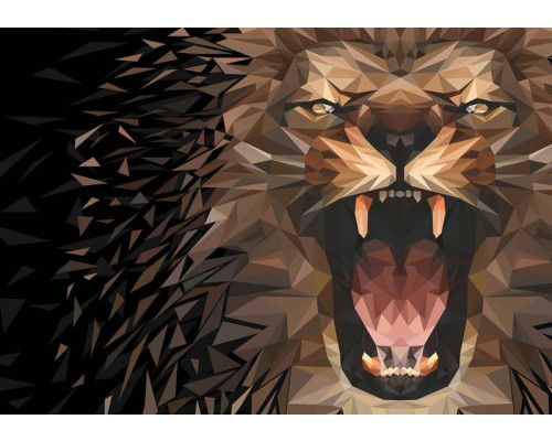 Fotobehang van een brullende leeuw, krachtig dierenportret.