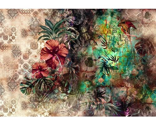 Tropische Caribische bloemen komen tot leven in dit kleurrijke fotobehang, ideaal voor een levendige ruimte.