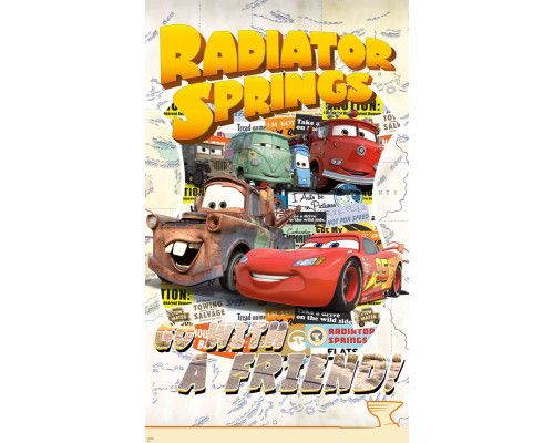 Cars Take the Open Road fotobehang toont Lightning McQueen die klaar is om een nieuwe race aan te gaan, op een open weg die voor hem ligt.