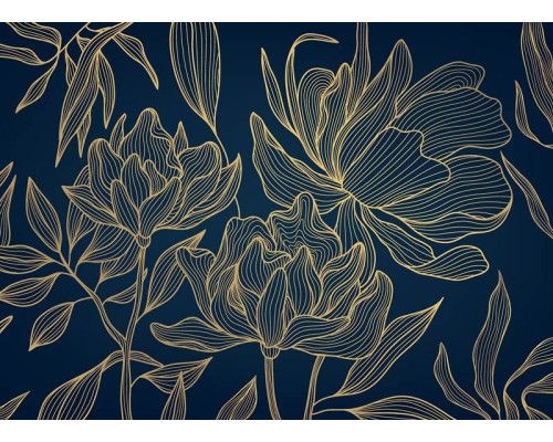 Een fotobehang met een chic gouden bloemenpatroon, waarin sierlijke bloemen en bladeren in diepe groentinten met goudaccenten een luxe en verfijnde uitstraling geven.