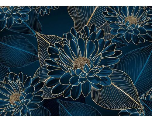 Een fotobehang met chrysanten bloemenpracht, waarin sierlijke gouden chrysanten op een diepgroene achtergrond zorgen voor een luxueuze en elegante uitstraling.