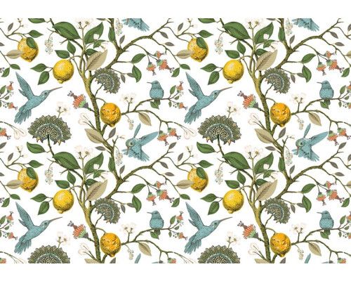 Fotobehang van citroenen en vogels tussen de bladeren, in een kleurrijke compositie.