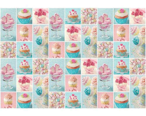 Fotobehang met cupcakes en snoep in roze en blauw, geschikt voor bakkerijen of keukens.