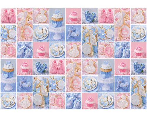 Fotobehang van kleurrijke roze en blauwe cupcakes, geschikt voor babykamers en kinderkamers.