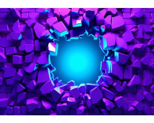 Fotobehang met paarse muurfragmenten die exploderen rond een felblauw lichtpunt in een futuristisch ontwerp.