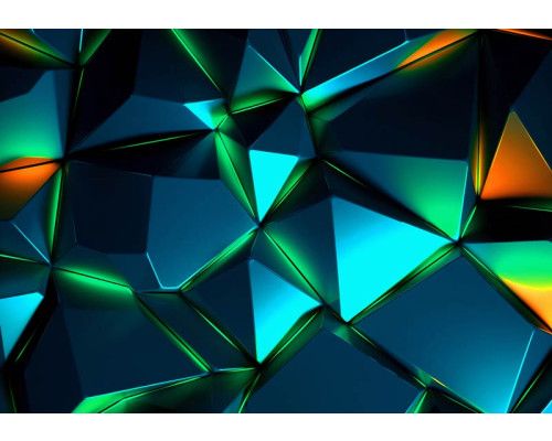 Fotobehang met digitale kristalstructuur in blauw- en groentinten met oranje lichtaccenten in een futuristisch 3D-ontwerp.