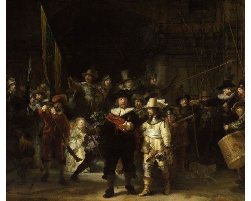 Fotobehang van Rembrandts De Nachtwacht, klassiek schilderij.