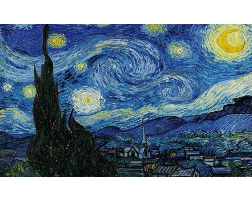 De sterrennacht van Vincent van Gogh, weergegeven in een abstract kunstzinnig fotobehang met levendige kleuren.