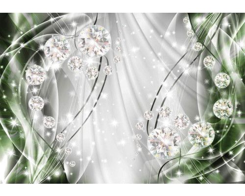 Fotobehang met smaragdgroene en zilveren diamanten, glinsterend en abstract.