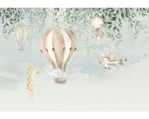 Fotobehang van dieren in de wolken, met een giraffe in een luchtballon.