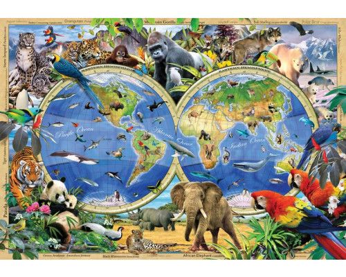 Wereldkaart voor kinderen met dieren zoals olifanten, leeuwen en ijsberen, levendig en speels weergegeven op dit fotobehang.