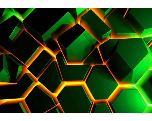 Fotobehang met groene 3D-zeshoeken en een gloeiende lavagloed in oranje en geel op de achtergrond.