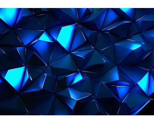 Fotobehang met digitale blauwgekleurde kristalvormen en glanzende lichtreflecties in een futuristisch 3D-ontwerp.