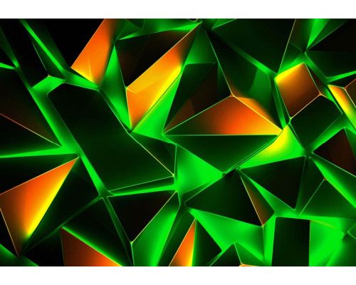 Fotobehang met digitale 3D-vlakken in groen en oranje, met lichtaccenten die een futuristische energie uitstralen.