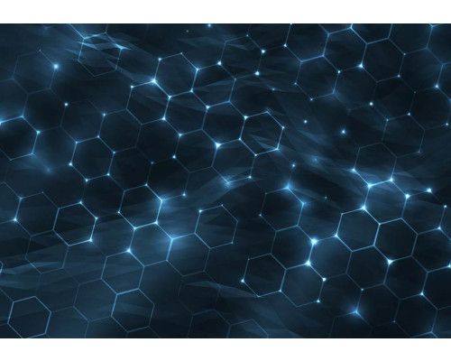 Fotobehang met digitale hexagon structuur in blauwe tinten en futuristisch licht.