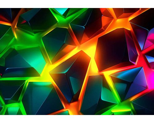 Fotobehang met digitale geometrische vlakken in een explosie van neonkleuren zoals groen, rood, blauw en geel.