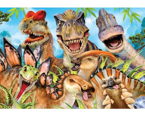 Dinosaurus fotobehang, vrolijk en speels met grappige dinosaurussen voor kinderkamers.