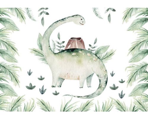 Fotobehang met dinosaurussen en botanische bladeren, perfect voor een avontuurlijke look.