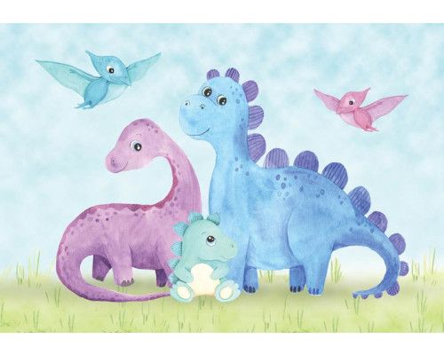 Fotobehang met grote dinosaurussen, weergegeven op vliesbehang voor een realistisch effect.