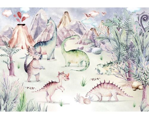 Kinderbehang van dinosaurussen die door een kleurrijke jungle spelen, speciaal voor kinderkamers.