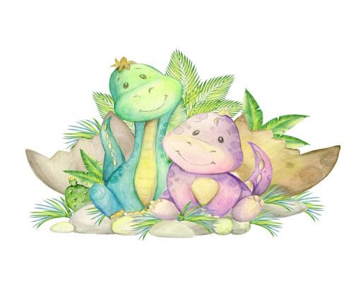 Fotobehang van dino-vrienden die samen door een prehistorische omgeving trekken, met een speelse en avontuurlijke sfeer.