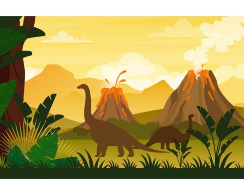 Fotobehang van dinosaurussen die in de buurt van een vulkaan bewegen, in een dramatische prehistorische setting.