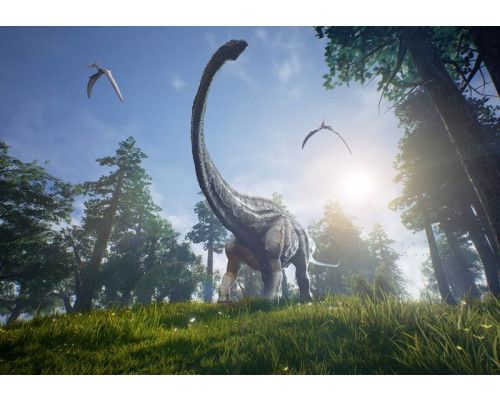 Brachiosaurussen bewegen zich onder de zon door een weids landschap, afgebeeld op een fotobehang met prehistorische flair.