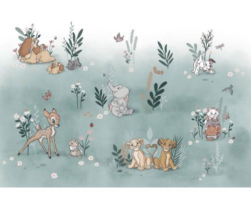 Disney Dierenvriendjes fotobehang toont een verzameling van schattige dieren uit verschillende Disneyfilms, speels en vrolijk weergegeven.