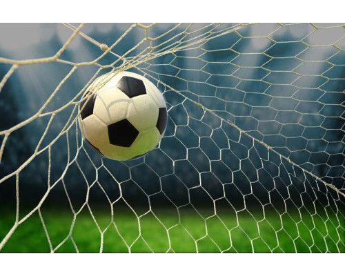 Fotobehang van een voetbal die het doel binnengaat, met een helder zicht op het net tijdens het scoren.