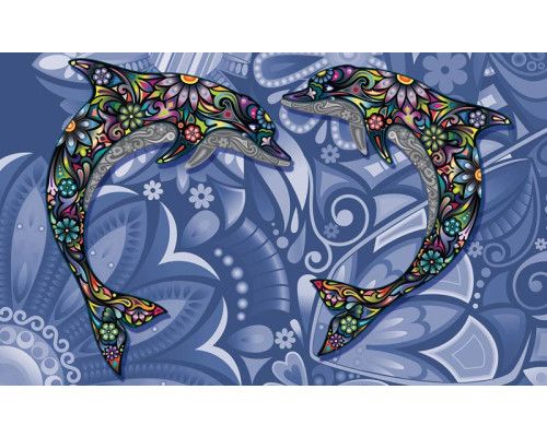 Fotobehang van dolfijnen in abstracte kunststijl, dynamisch en kleurrijk.