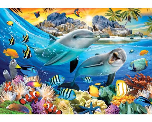 Dolfijnen in een onderwaterwereld, aquarium fotobehang met palmbomen en een tropische uitstraling.