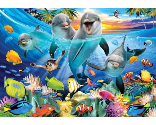 Dolfijnen onderwater met palmbomen, aquarium fotobehang met een vrolijke, tropische sfeer.