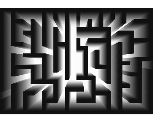 Doolhof in zwart-wit, abstract weergegeven op een modern fotobehang voor een mysterieuze sfeer.