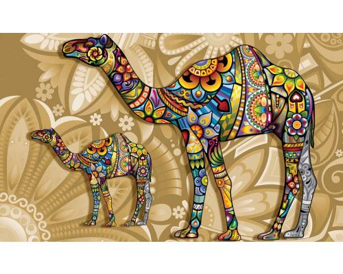 Dromedaris met kunstwerk van bloemen op fotobehang, kleurrijk en artistiek.