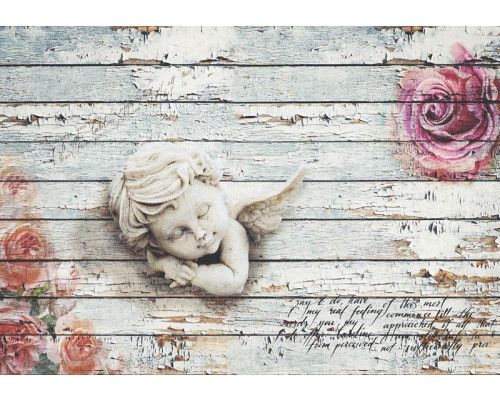 Fotobehang van een engel met rozen op houten planken, spiritueel en klassiek.