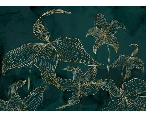 Een fotobehang met exotisch groen en gouden accenten, waarin weelderige tropische bloemen en subtiele goudtinten samenkomen voor een luxe en natuurlijke uitstraling.