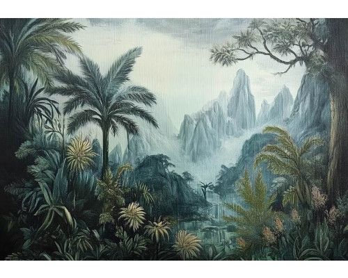 Fotobehang met een exotisch panorama van jungle, palmbomen en bergen in schilderachtige stijl.