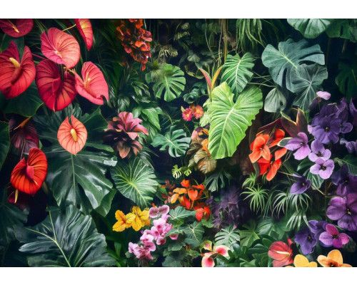 Fotobehang met een weelderige mix van jungleplanten, kleurrijke bloemen en bladeren, met levendige kleuren die een tropische en frisse sfeer creëren.