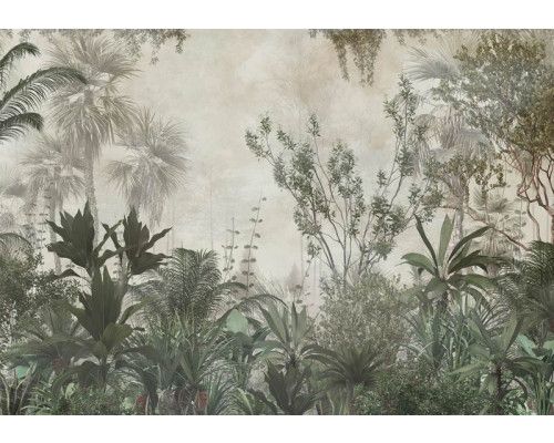 Exotische jungleplanten en tropische bladeren op dit fotobehang, met een levendige en kleurrijke uitstraling.