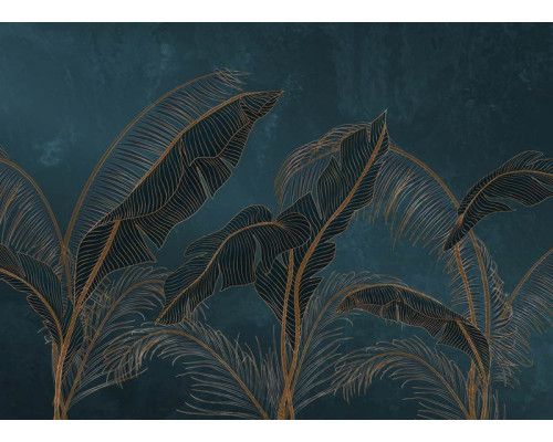 Een fotobehang met exotische palmbladeren in diepgroen met gouden accenten, waarin weelderige bladeren en subtiele goudtinten zorgen voor een luxe en tropische uitstraling.