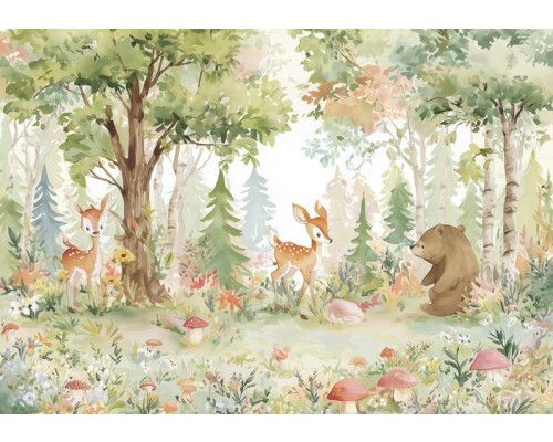 Fotobehang met tropische bladeren in groene tinten tegen een lichte achtergrond.