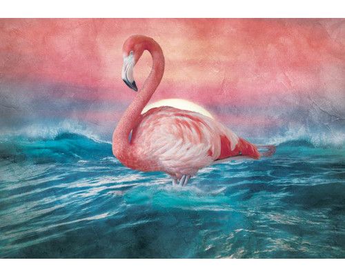Fotobehang van een flamingo, weergegeven in een levendige en kleurrijke stijl.