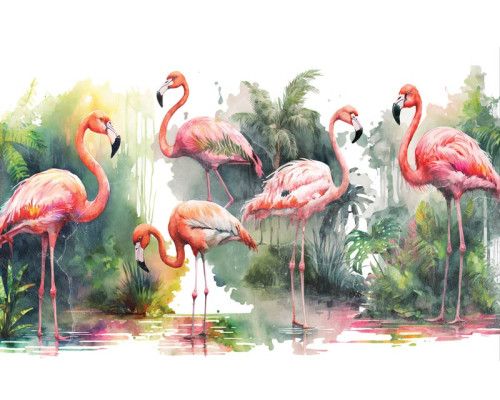 Flamingo’s in een tropische jungle komen tot leven op dit fotobehang, met kleurrijke planten en een exotische sfeer.