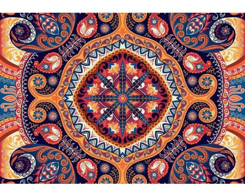 Kleurrijke bloemen in een folk-patroon, weergegeven op een artistiek en abstract fotobehang.